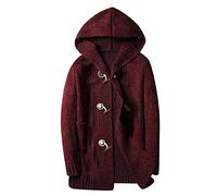 Dawwoti Men's Knitted Cardigan Horn Buckle Long Hooded Sweater Coat Christmas Thermal Casual Knitwear Wine Red