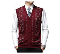 Dawwoti Mens Knitted Sleeveless Jumpers Woolen Blend Business Plaid Sweater Cardigan Gilets V Neck Tank