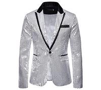 Dawwoti Men's Sequin Blazer Suit Jacket Luxury Suit Jacket Shiny Slim Blazer Tuxedo Retro for Party Silver