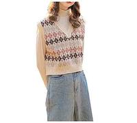 Dawwoti Women Sleeveless Jumpers Houndstooth Knitted Sweater Vest V-neck College Style Tops