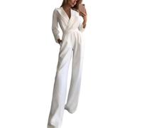 Dawwoti Women's Elegant Jumpsuit Long Sleeve Rompers Solid Color Blazer Onesie Suits for Office White
