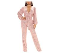 Dawwoti Women's Shiny Sequins Jumpsuit V Neck Party Jumpsuits Long Sleeve One Piece Playsuit Night Party Disco Clubwear Elegant Festival Performance Rave Outfit