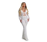 Dawwoti Women's V Neck Party Sequin Jumpsuits Black Long Sleeve Loose Rompers Front Tie Clubwear
