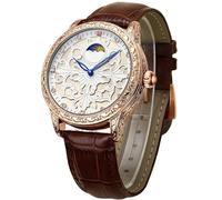 DAXIAOYU Temperament Thin Automatic Mechanical Watch with Hollowed Out Carved Large Dial, Moon Phase Genuine Leather Strap Elegant Business Wrist Watch