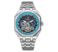 DAXIAOYU Unique Octagon Mens Multifunctional Automatic Mechanical Watch Hollow Tourbillon Moon Phase Business Watches Luminous Waterproof Sports Wristwatch, Silver Blue, Luxury