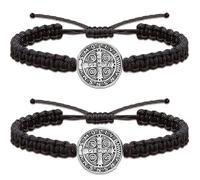 Daxtril 2 PCS Catholic Bracelet San Benito Bracelet Saint Benedict, Medal Adjustable String Bracelets Religious Gifts for Men Women Christmas Gifts (Silver)