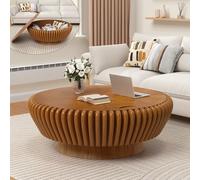 DAXUESEH Modern Fluted Drum Coffee Table, Handcrafted Solid Wood Round Storage Accent Table, Drum Circle Cocktail Center Tea Tables for Living Room Apartment Small Space, Easy Assemble