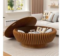 DAXUESEH Round Fluted Storage Coffee Table, Modern Fluted Wood Coffee Tables with Sturdy Base, Drum Circle Center Table Accent Tea Table for Living Room Apartment Small Space, Easy Assemble