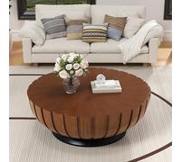 DAXUESEH Round Fluted Storage Coffee Table, Modern Fluted Wood Coffee Tables with Sturdy Base, Drum Circle Center Table Accent Tea Table for Living Room Apartment Small Space, Easy Assemble