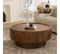 DAXUESEH Round Modern Fluted Drum Coffe Table Brown for Living Room Contemporary Low Circle Center Tabl for Reception Room Entertainment Room