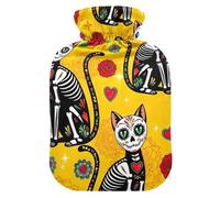 Day Dead Skeleton Cat Hot Water Bottle with Soft Cover Hot Water Bag for Neck, Shoulder and Menstrual Cramps Medium