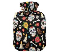 Day Dead Skull Flower Hot Water Bottle with Cover for Pain Relief Heating Bag for Women, 2L