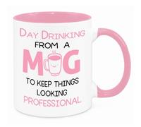 Day Drinking from A Mug - Funny Novelty Gift Silly Present Mug Birthday Christmas for Mum Dad Friend Sister Brother Grandparents for Man Woman Secret Santa Work Quotes (Pink)