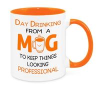 Day Drinking from A Mug - Funny Novelty Gift Silly Present Mug Birthday Christmas for Mum Dad Friend Sister Brother Grandparents for Man Woman Secret Santa Work Quotes (Orange)