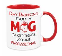 Day Drinking from A Mug - Funny Novelty Gift Silly Present Mug Birthday Christmas for Mum Dad Friend Sister Brother Grandparents for Man Woman Secret Santa Work Quotes (Red)