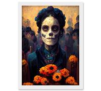Day Of Dead Skull Marigold Flowers Artwork Framed Wall Art Print A4
