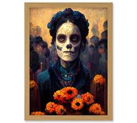 Day Of Dead Skull Marigold Flowers Artwork Framed Wall Art Print A4