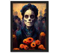 Day Of Dead Skull Marigold Flowers Artwork Framed Wall Art Print A4