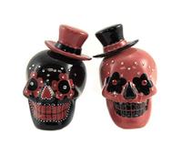 Day of Dead Sugar Black & Red Skulls Salt & Pepper Shakers Set Rhinestone DOD Top Hat by Pacific Gift
