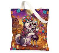 Day of the Dead Alaskan Malamutes Dog Canvas Tote Bag for Shopping 13 * 15, Fun Skeleton Reusable Grocery Shoulder Bag for Women, Farm Painting Gift Decor
