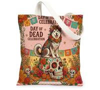 Day of the Dead Alaskan Malamutes Dog Canvas Tote Bag for Shopping 13 * 15, Skull Reusable Grocery Shoulder Cloth Bag for Women, Bohemian Painting Gift Decoration