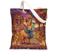 Day of the Dead Alpacas Llama Canvas Tote Bag for Shopping 13 * 15, Fun Skeleton Reusable Grocery Bag for Women, Farm Travel Pattern Gift Decoration