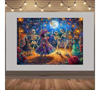 Day of the Dead Backdrop Cloth - Bright Dancing Skeletons and Moonflower Night Scenes, Durable Polyester Party Decoration 350x240CM