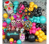 Day of the Dead Balloon Arch, Colorful Dia De Los Muertos Decorations Balloons Garland Kit with Sugar Mexican Skull BOO Round Halloween Foil Balloons for Mexican Fiesta Altar Festival Party Supplies