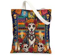 Day of the Dead Basenji Dog Canvas Tote Bag for Shopping 13 * 15, Flowers Skull Reusable Grocery Shoulder Bag for Women, Goth Painting Gift Decor
