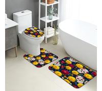 Day of The Dead Bathroom Mat Sets 3 Piece, Colorful Skull Floral Absorbent Non Slip Toilet Rugs U Shaped Washable, Festive Floral Quick Dry Flannel Bathroom Rug Set