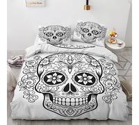 Day of the Dead Bedding Double Bed Set - Sugar Skull Duvet Cover Sets - Reversible Quilt Cover & 2 Pillowcases with Zipper Closure, Ultra Soft and Non Iron Brushed Microfibre Bed Set 200 x 200