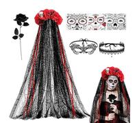 Day Of The Dead Bride Accessory Set, Red Black Rose Veil Lace Maske | Choker Face Stickers, Gothic Halloween Costume Kit With Headband, Half Face Cover, Necklace For Women, Girls