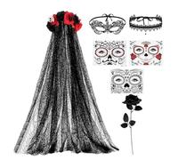 Day Of The Dead Bride Accessory Set Veil Choker Face Stickers Women | Veil, Choker, Face Stickers, Lace, Red Black Roses, For Masquerade Carnival Stage, Halloween Party, Women