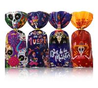 Day of the Dead Candy Treat Bags, 100 Pcs Dia de Los Muertos Mexican Goodie Bags, 4 Style Skull Marigold Mexico Theme Cellophane Gift Bag with Twist Ties for Mexican Halloween Party Favors Supplies
