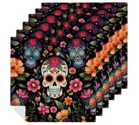 Day of The Dead Cloth Napkins 6 Pack Sugar Skull Flower Reusable Dinner Table Napkins for Home Hotel Restaurant Weddings Party