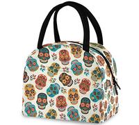 Day of The Dead Colors Sugar Skulls Reusable Lunch Tote Bag with Front Pocket Zipper Closure Insulated Thermal Cooler Container Bag for Man Women Work Picnic Travel Beach Fishing