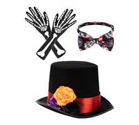 Day Of The Dead Costume - 3-Piece, Skeleton Costume Set, Pair of Skeleton Gloves | Men's Hat and Bow Tie for Men's Halloween Dress Up Cosplay Party