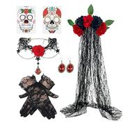 Day of the Dead Costume | Day of the Dead Lace Gloves Set | Lace Gloves Veil Earrings Necklace Decoration for Masquerade Cosplay Women Halloween Party Adults Festive