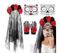 Day of the Dead Costume, Face Makeup Outfit, Day of the Dead Veil Set, for Women Makeup Face Outfit Adults Bride Girls Halloween Masquerade Party Stage Performance