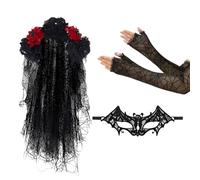 Day Of The Dead Costume Set - 77.5cm Lace Eyemasque Skull Makeup Gloves, Breathable Fabric Accessory, Elastic Fit msk Cover, Gothic Sugar Skull Design | Adults Bride Girls Cosplay Masquerade Party St