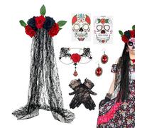 Day of the Dead Costume Set - Elegant Necklace Earrings Jewelry, Gothic Lace Gloves Veil | Complete Halloween Outfit for Women Adults Stage Performance Cosplay Masquerade Party Festival Holiday Displa