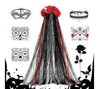 Day of the Dead Costume Set | Rose Veil and Lace Mask | Halloween Bridal Costume Accessories | Rose Black Red Headband, Face Tattoo Stickers | Masquerade,