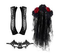 Day of the Dead Costume Women - 4 Piece Dia De Los-Muertos Headband Veil | Halloween Costume Accessories | Gothic Bride Set with Lace Masķ, Gloves, and Choker for Sugar Skull Cosplay Party