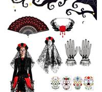 Day of The Dead Costumes 5 Piece Gothic Cosplay Costume with Rose Veil