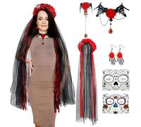 Day of the Dead Costumes for Women, Halloween Day of the Dead Headband Mexican Rose Skull Crown Lace Gloves Face Tattoos Lace Necklace Bracelet Earrings for Women Halloween Costume