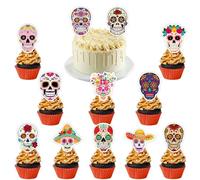 Day of The Dead Cupcake Toppers Decors - Mexican Dia De Los Muertos Dessert Toppers - DIY Shaped Sugar Skull Halloween Party Supplies Treat Picks Decorations - Set of 36