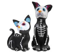 Day of the Dead Dog and Cat Figurine 2 PCS, Day of the Dead Decorations, Halloween Sugar Skull Decor Dog and Cat Resin Crafts, Skeleton Sculpture for Halloween Home Desk Decorations, 2.4x5.5in