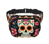 Day of The Dead Double Layer Waist Bag Pack Sugar Skull Flower Bum Bag Fanny Pack for Men Women, Adjustable Belt Bag for Travel Hiking Running Cycling Festival