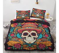Day of the Dead Duvet Cover King Size, Mexican Skull Bedding, Soft Breathable Microfibre Quilt Cover 230x220 cm and 2 Pillowcases 50x75 cm, Reversible Bed Set with Zipper Closure C&52
