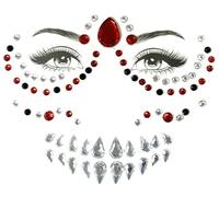 Day of the Dead Face Jewels, Day of the Dead Makeup Face Stickers Gems Crystals, Halloween Costume Festival Make up Kit Tattoo for Women Men (1Piece, Red and Black A)